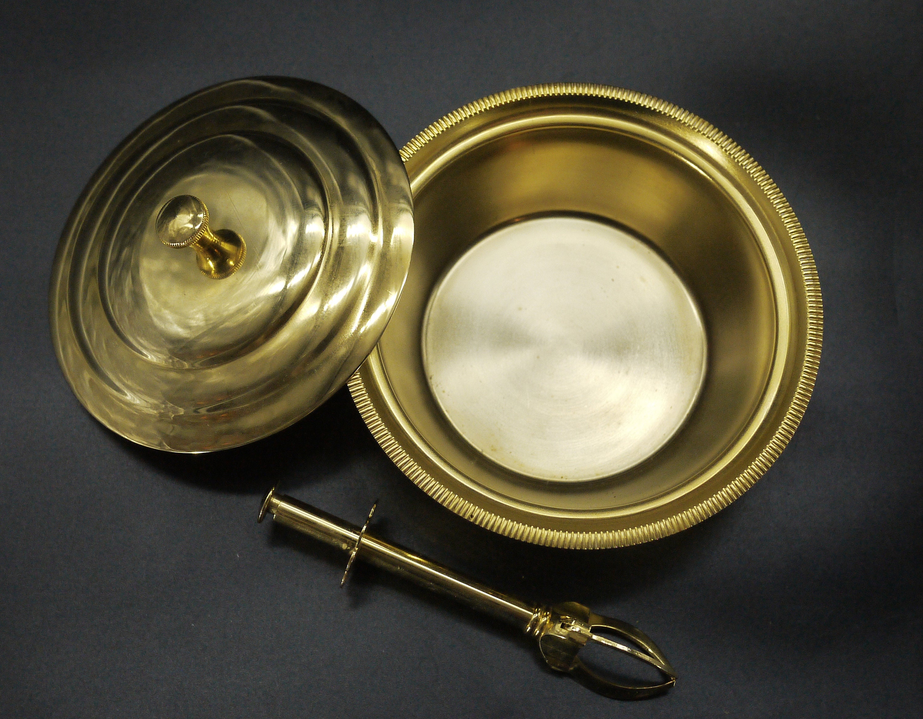 French Gold Metal Sugar Bowl with Sugar Tongs