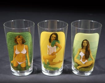 Set of 3 Sexy Drink Glasses French Vintage Pin Up Highball Glass 70s Funny Barware