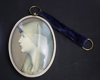 Vintage French Catholic Saint Portrait Brass Convex Bubble Frame St Fabiola Print Wall Decor