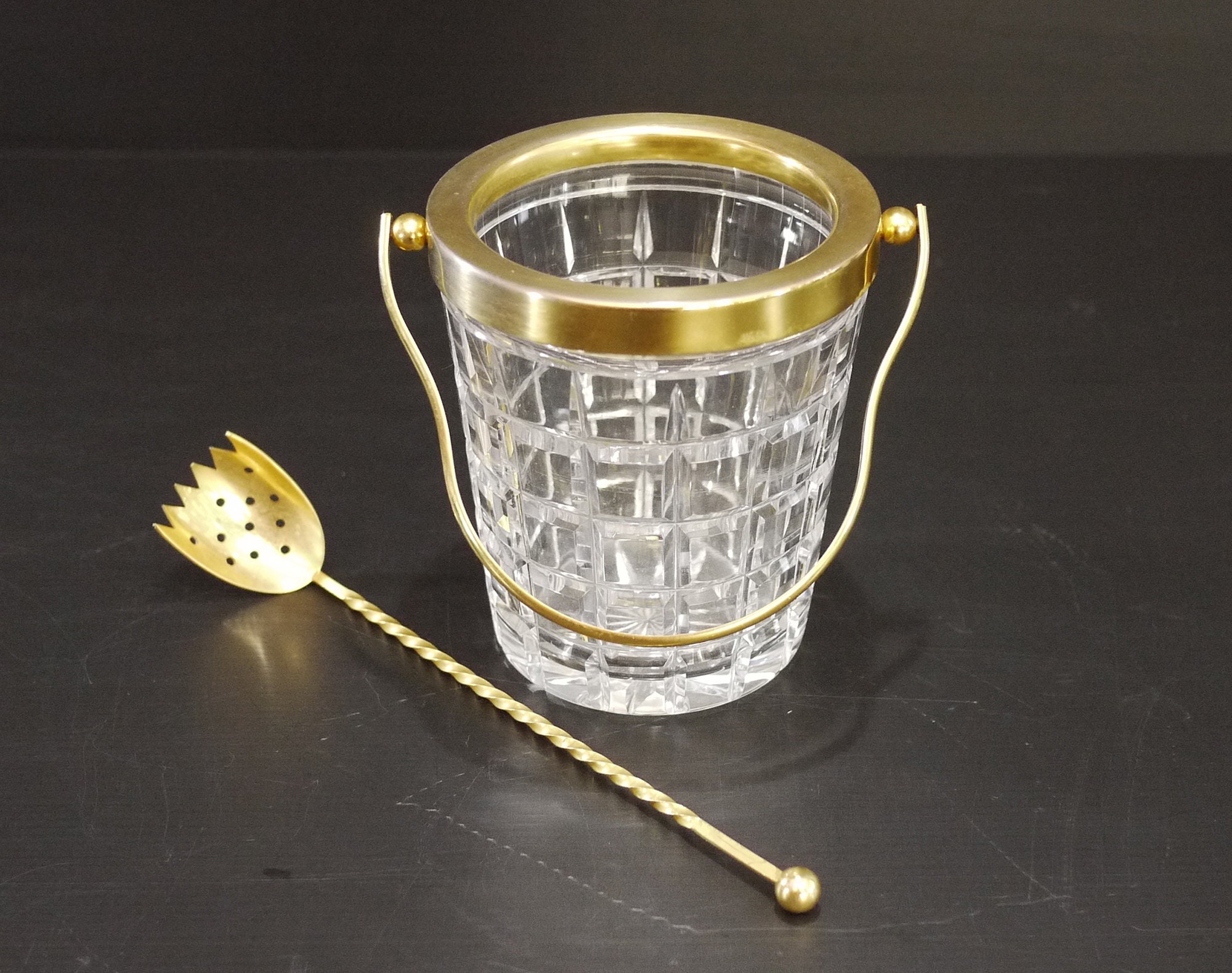 French Vintage Cut Crystal Gilded Ice Bucket Set