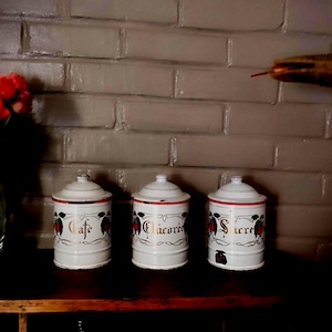 French White Enamel Floral Canister Set of 3, Art Deco Kitchen Pots