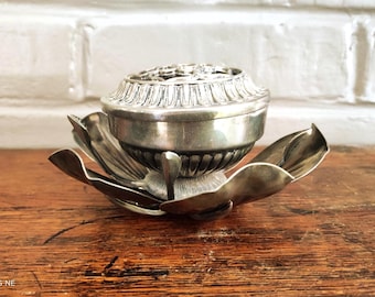 Vintage Silver Lotus Flower Frog with Petal Ashtrays