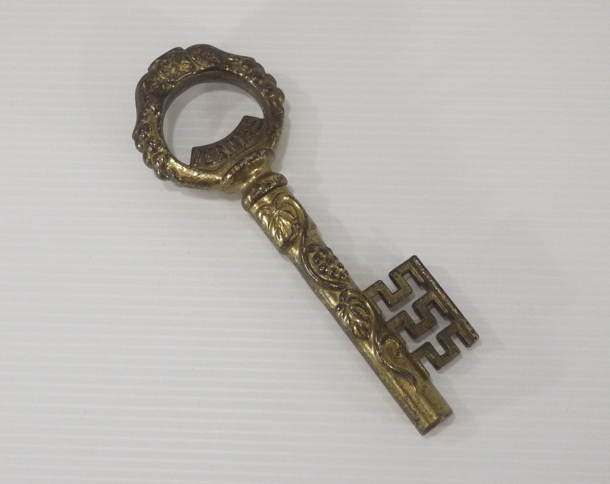 Vintage Brass Corkscrew, French Key Wine Bottle Opener In Vino Veritas.