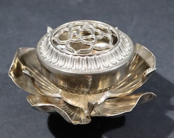 Vintage Silver Lotus Flower Petal Flower Frog Removable Petal Ashtray, French Home Decor