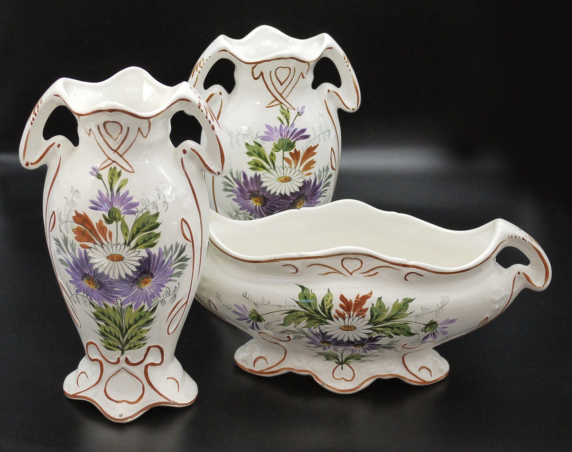 French Floral Majolica Planter & Vases, S/3