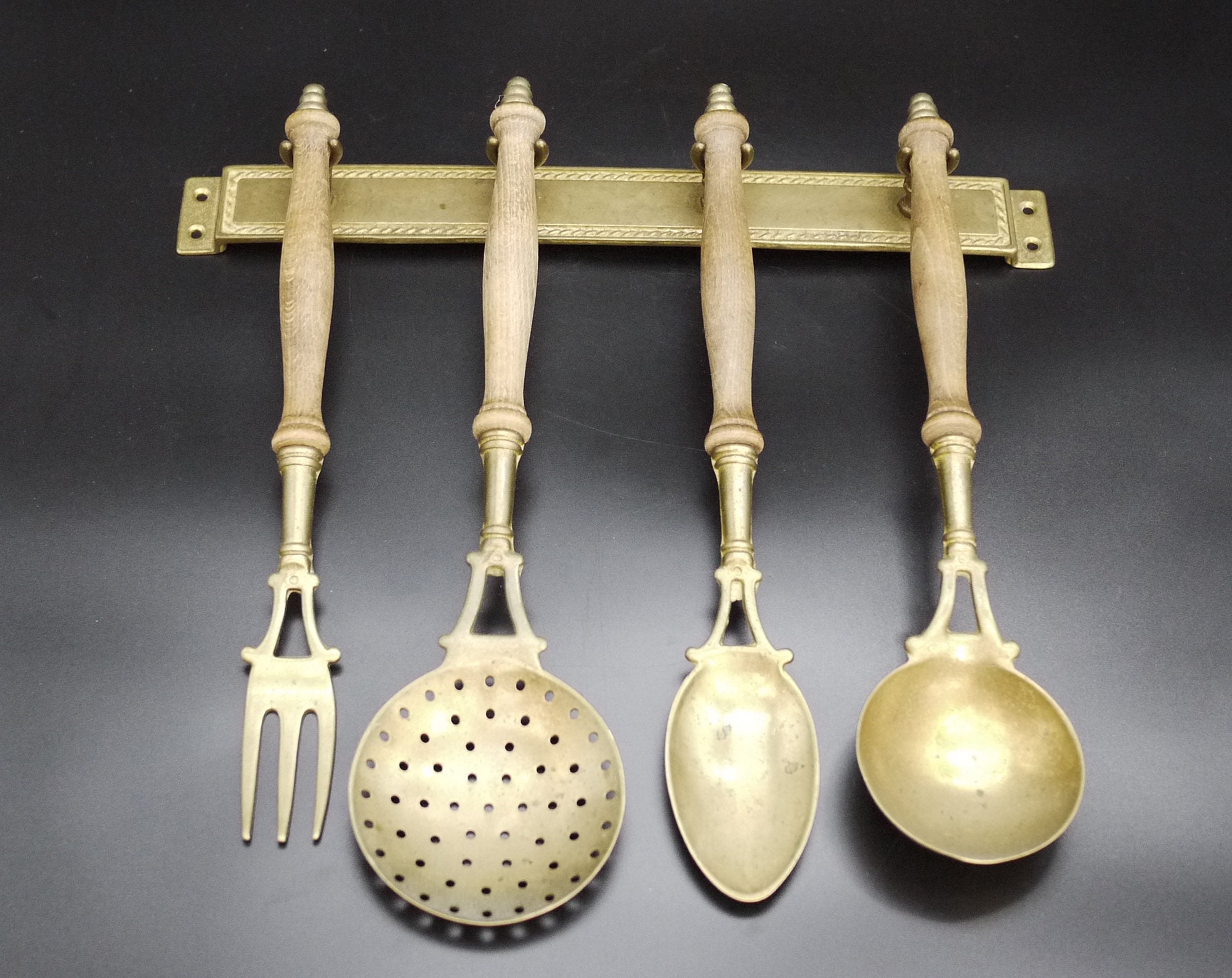 French Brass Kitchen Utensils Set with Brass Kitchen Rail, Rustic