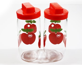 French Vintage Apple Canister set of 2 Decorative Glass Kitchen Storage Jars GULF Gas Advertising Gift