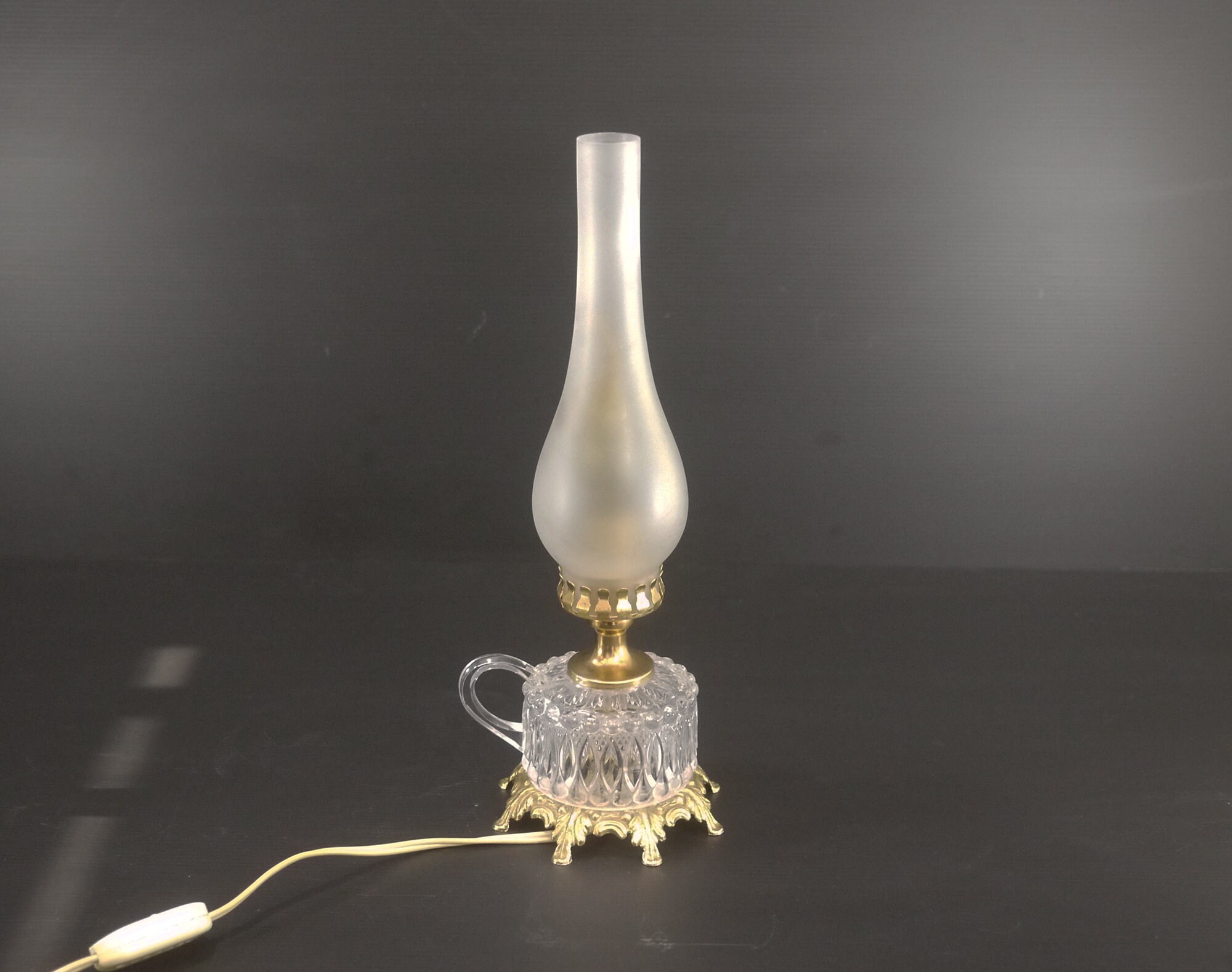 French Gilt Jewel Table Lamp, Mid Century Crystal and Gold Brass