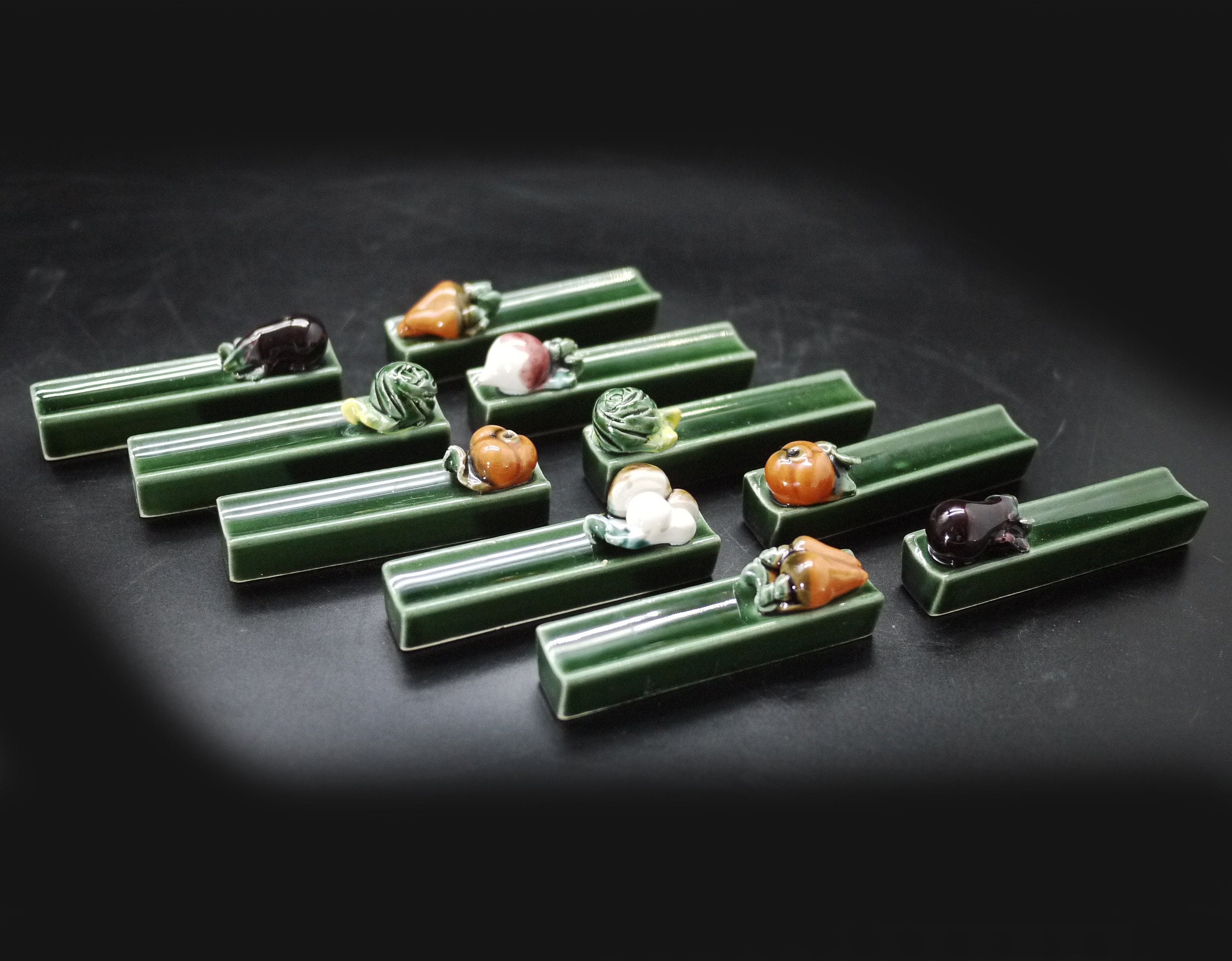 French Majolica Vegetables Knife Rests, Set of 10 Glazed Ceramic
