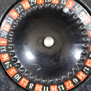 May include: A circular roulette wheel featuring a black center with a silver-toned central knob. The outer ring displays alternating red and black segments with white numbers, including 1, 20, 14, 31, 9, 22, 18, 29, 7, 28, 12, 35, 3, 26, 0, 32, 15, 19, 4, 21, 2, 25, 17, 34, 6, 27, 13, 36, 11, 30, 8, 23, 10, 5, 24, 16, 33.