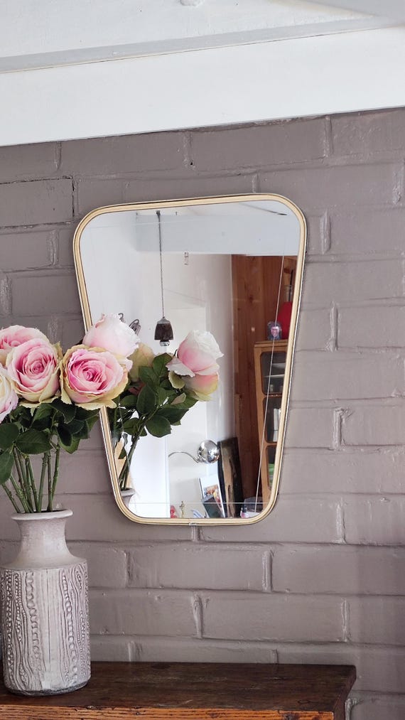 French Asymmetric Brass Wall Mirror, 1960s Rockabilly Decor