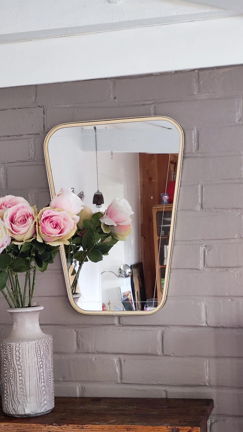 French Asymmetric Brass Wall Mirror, 1960s Rockabilly Decor image 1