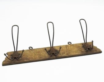 Vintage French Wood Coat Rack with Wire Hooks