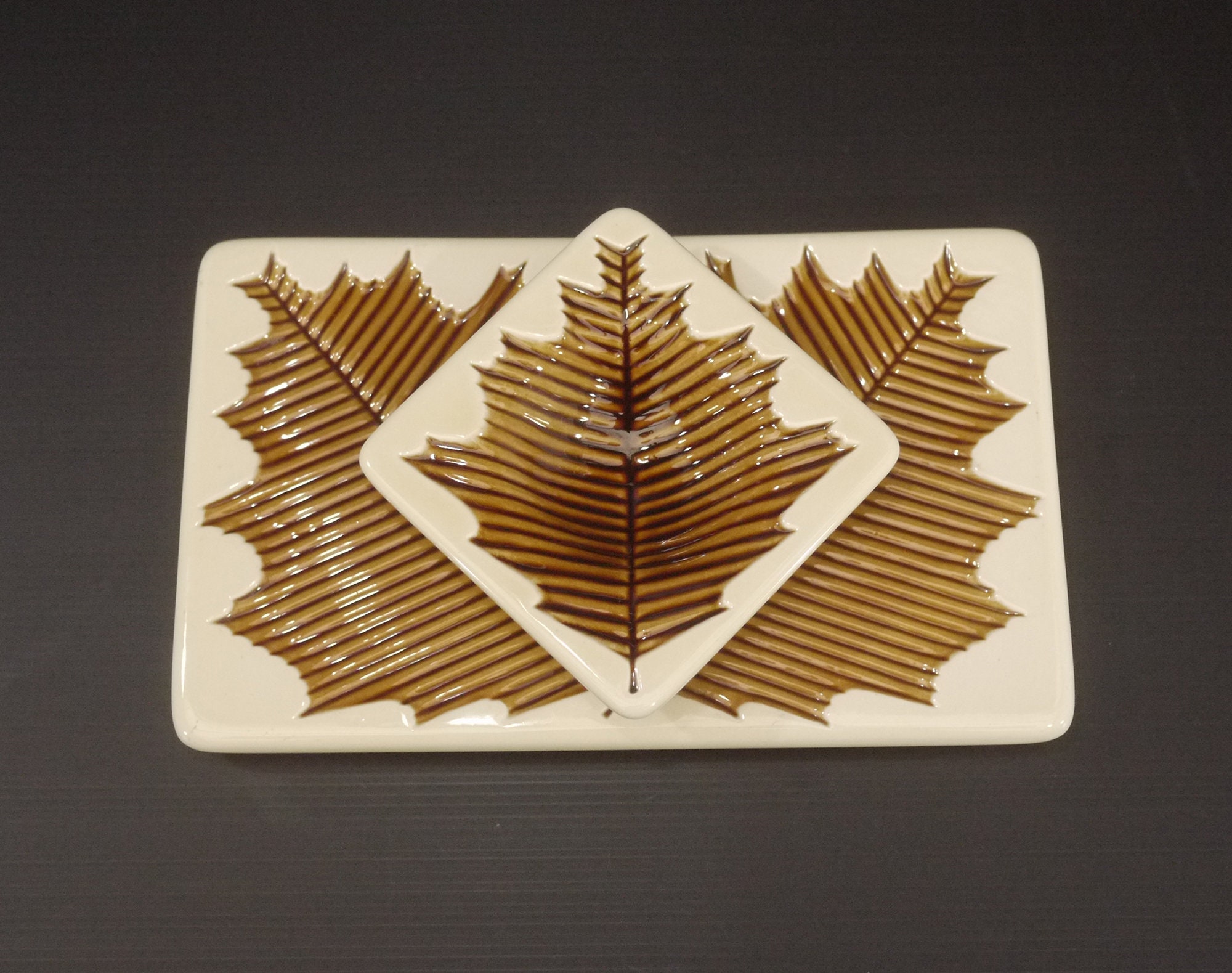 French Ceramic Leaf Design Cheese Platter, S/2