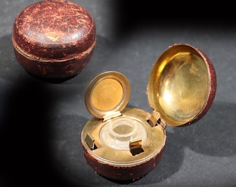 Antique Copper Traveling Inkwell With Leather Case Pocket Inkwell with Glass Ink Pot