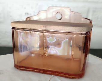 French Pink Glass Salt Box - Vintage Wall Mount Storage with Lid