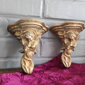 Antique Italian Cherub Wall Sconce Shelf, Gilded Plaster Pair Corbels image 2