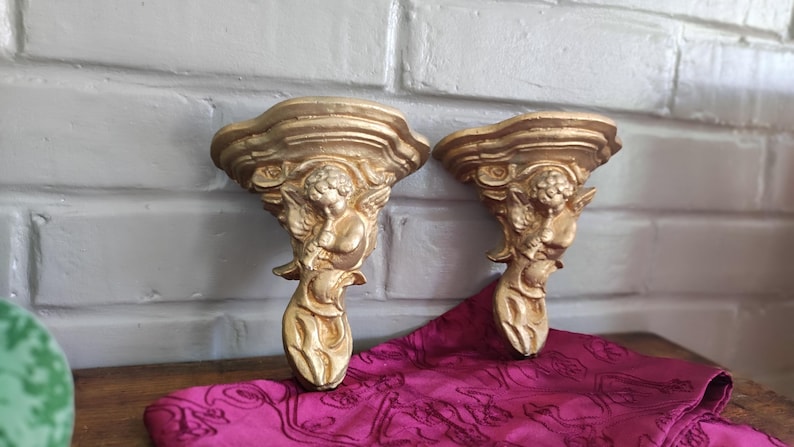 Antique Italian Cherub Wall Sconce Shelf, Gilded Plaster Pair Corbels image 2