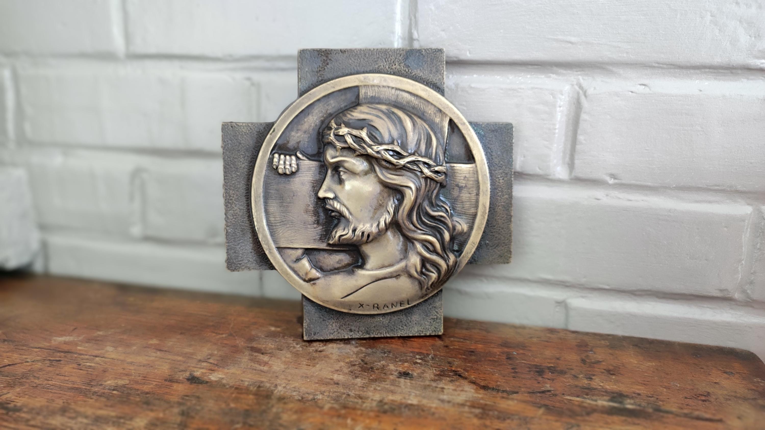 Antique French Bronze Sculpture Jesus Christ Portrait Wall Plaque