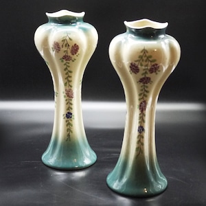 Ceramic Art Nouveau Vases Pair of Antique French Mantle Vases Hand Painted