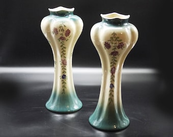 Ceramic Art Nouveau Vases Pair of Antique French Mantle Vases Hand Painted