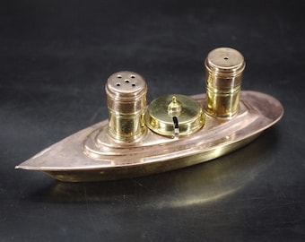 Copper Ship Liner Cruet Set Art Deco Copper Salt Pepper Shakers and Mustard Dish