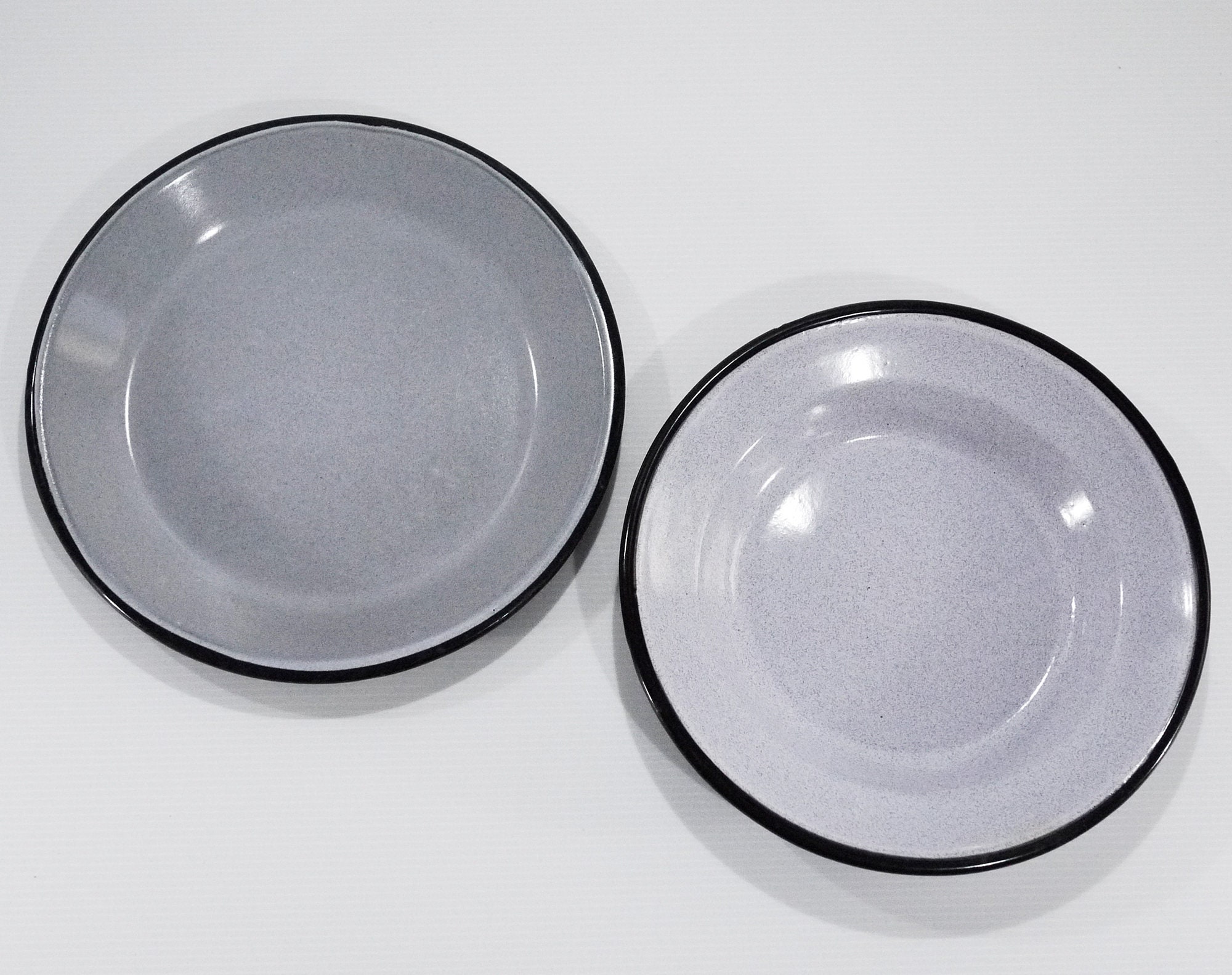 Vintage Enamelware Plate and Bowl Set of 16 Grey and Black Cesco USA