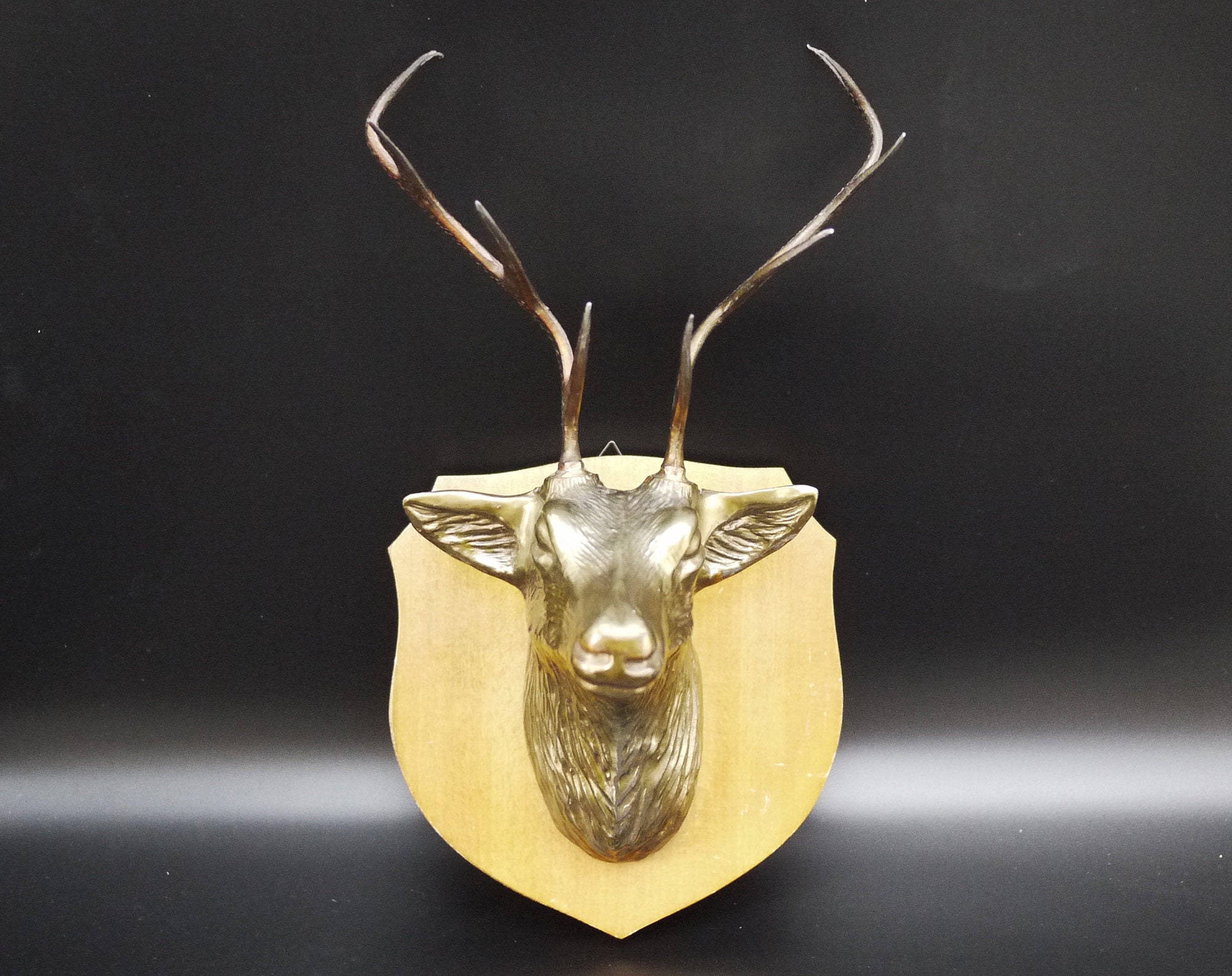 Vintage Gold Brass Deer Head Sculpture, Rustic Lodge Decor, French Faux
