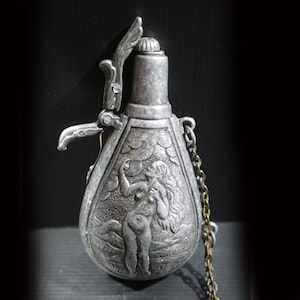 Civil War era embossed zinc powder flask - Ruby Lane