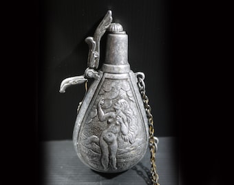 Antique French Pewter Powder Flask with Druid and Witch