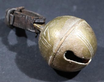 Antique Farm Bell with Leather Strap French Bronze Sleigh Bell Rustic Mountain House Decor