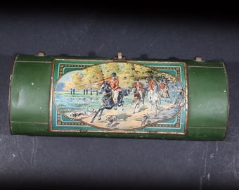 Antique French Tin Botanical Vasculum, Plant Specimen Storage Bag Embossed Tin Box