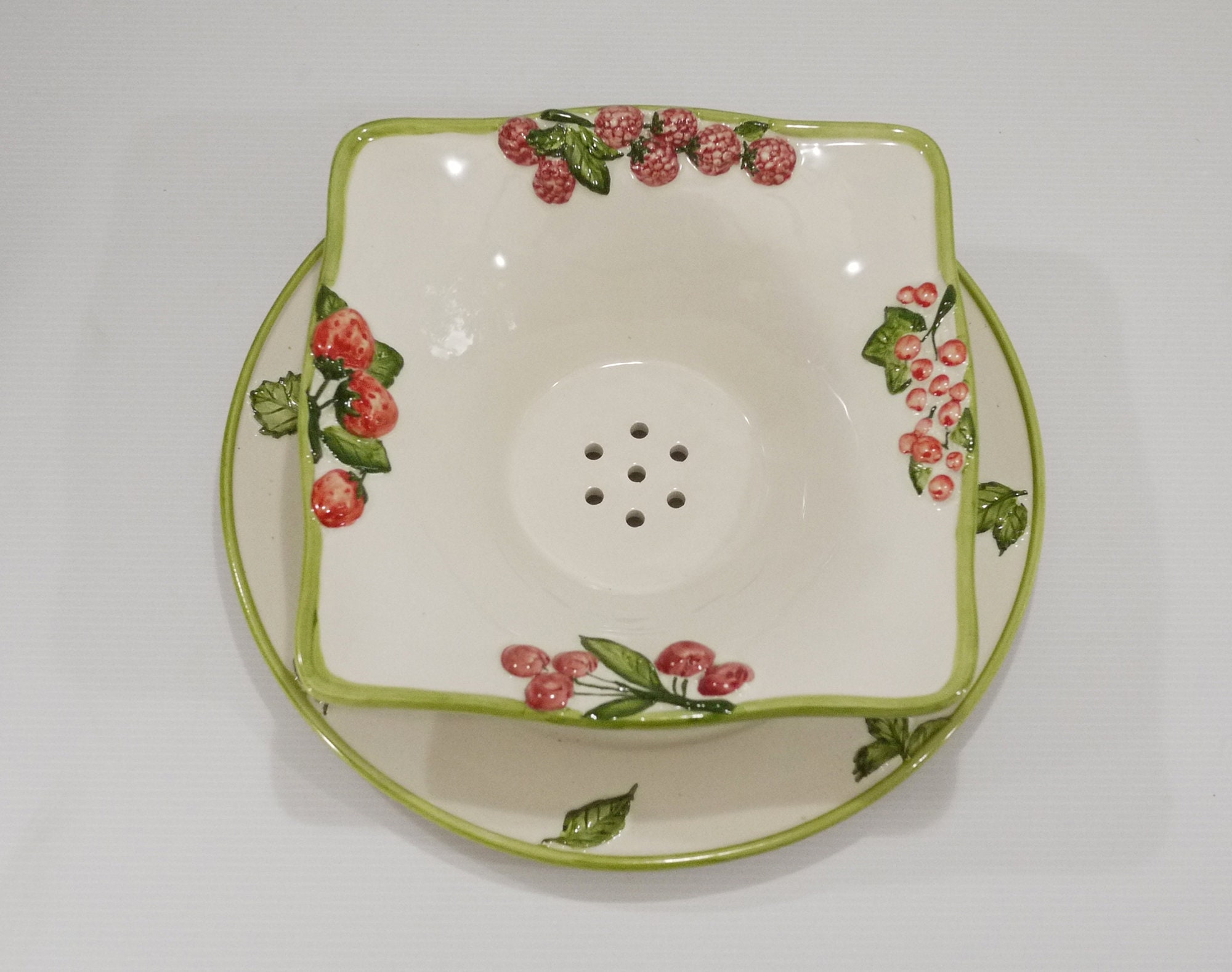 French Ceramic Berry Bowl Colander and Under Plate