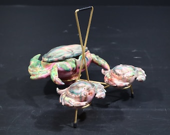 Vintage French Cruet set Ceramic Crab Mustard Pot Salt and Pepper Cellars, Nautical Condiment set
