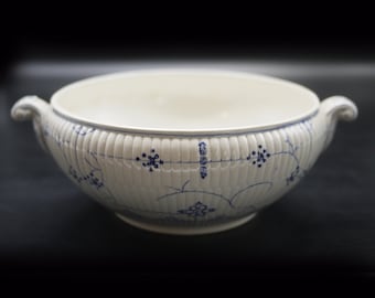 Antique French Blue and White Transferware Ironstone Tureen, Soup Serving Bowl