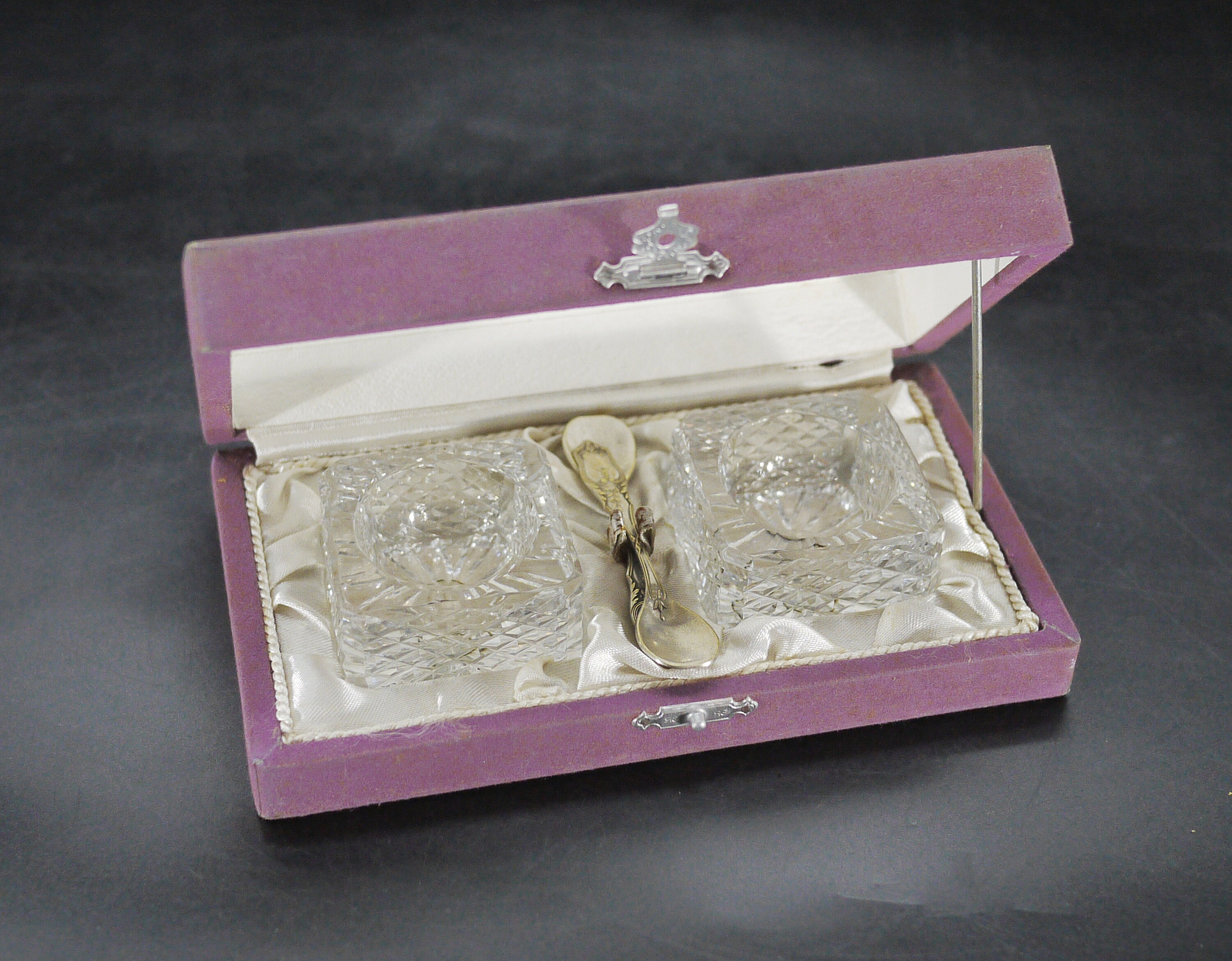 1950S French Crystal Salt Cellars Pair With Spoons