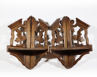 French Vintage Corner Fretwork Shelf set Small Display Wall Shelf Antique Carved Wood Black Forest Style