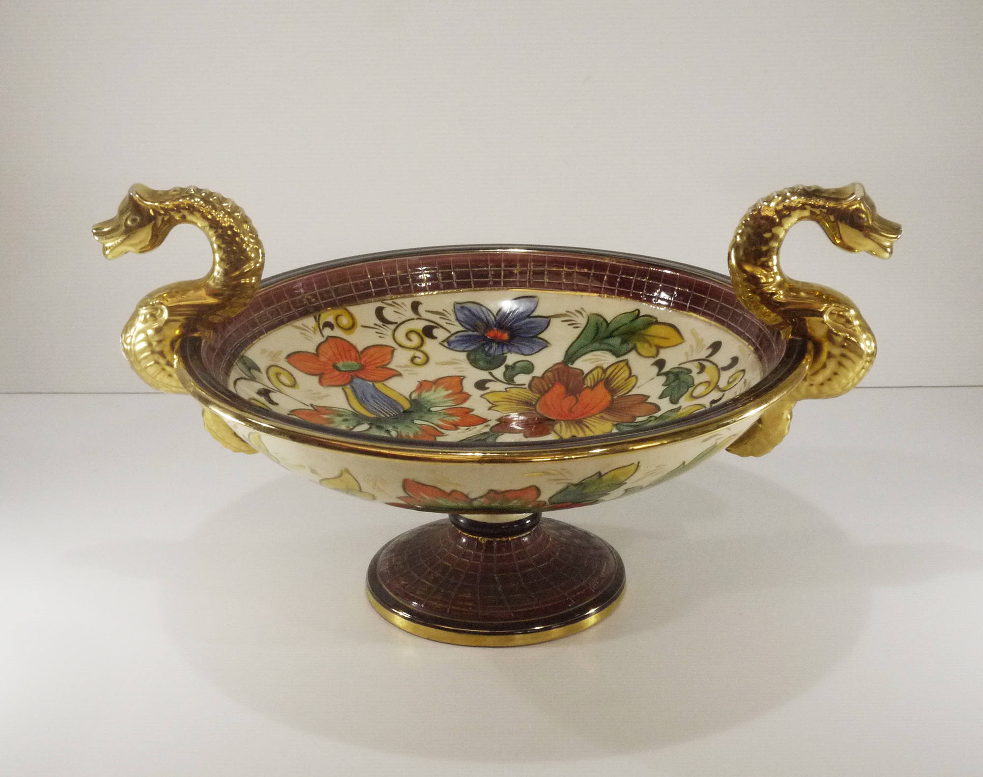 1930S Majolica Center Bowl With Gold Dragon Handles