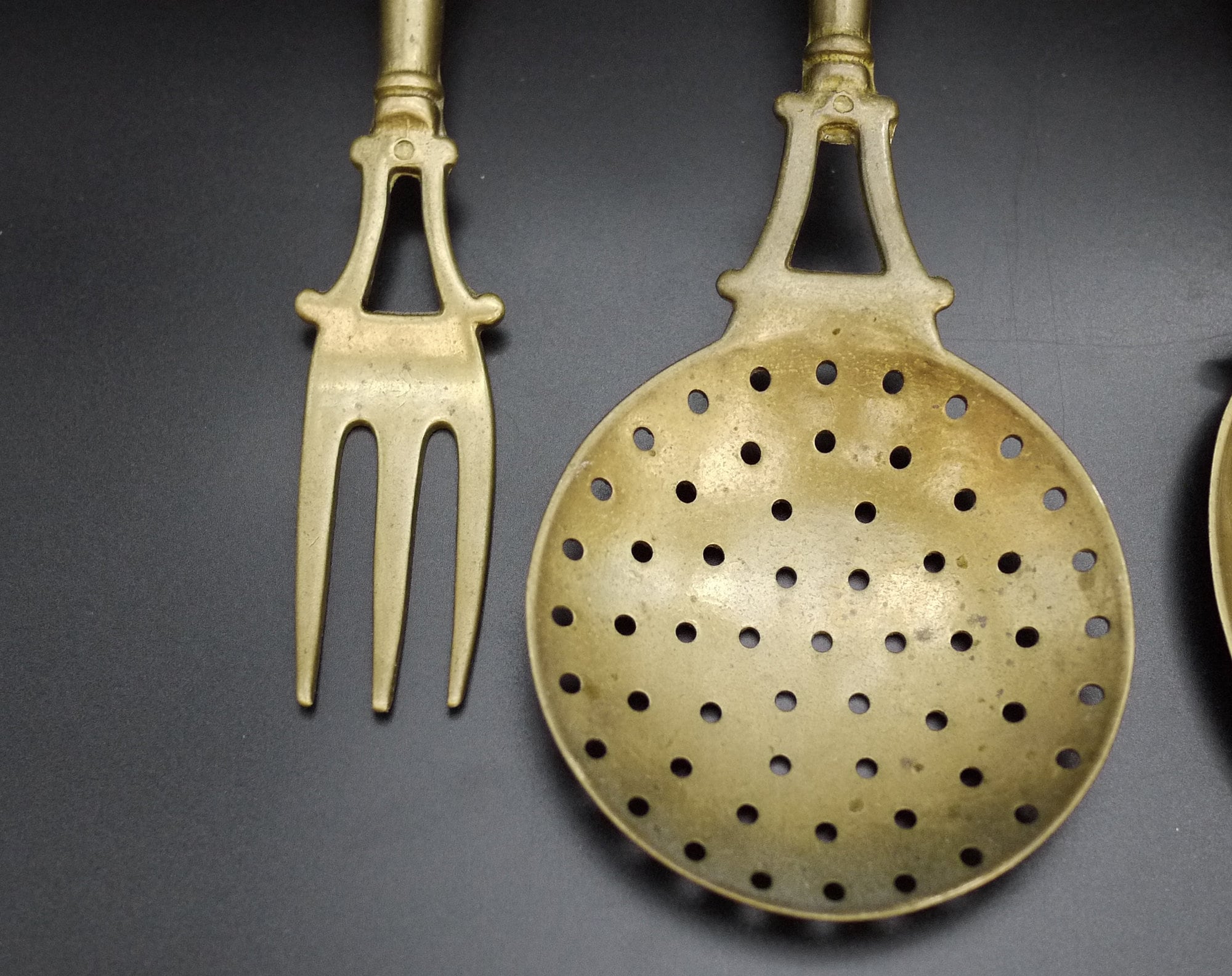 French Brass Kitchen Utensils Set with Brass Kitchen Rail, Rustic