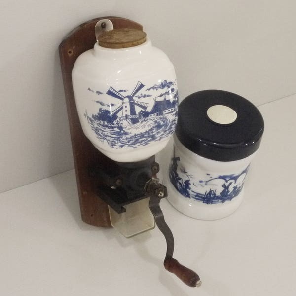 Rustic Wall Mount Coffee Grinder Windmill and Milk Glass Windmill Coffee Jar set, Vintage Farmhouse Country Kitchen