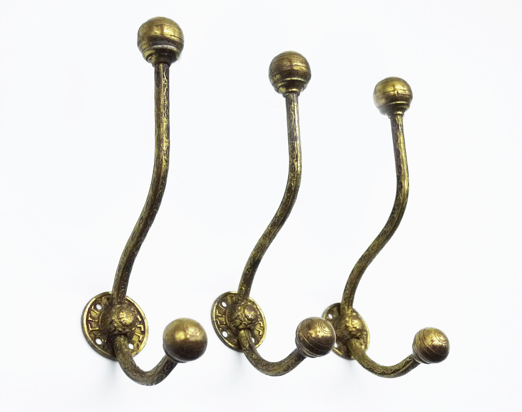 French Brass Coat Hooks, Brass Wall Hooks set of 3