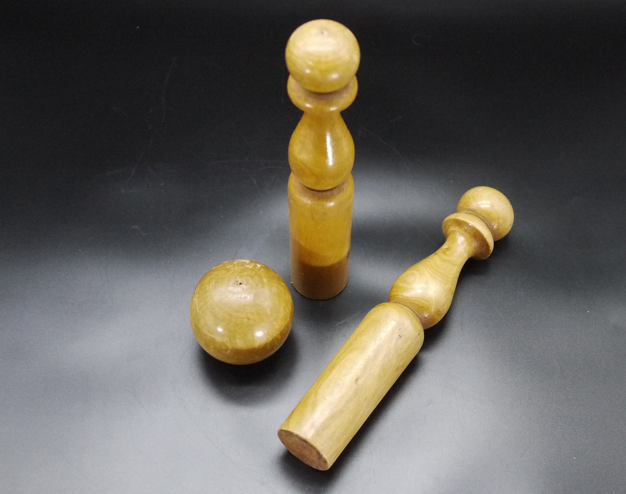 Vintage French Wooden Bowling Pins and Balls