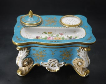 Antique Porcelain Inkstand With Ink Pot and Sander French Paris Painted Porcelain Ink Stand