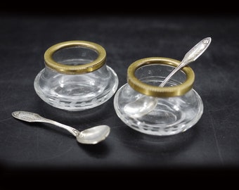 French Crystal and Brass Salt Cellars with Spoons