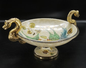 Gilded Ceramic Pedestal Fruit Bowl with Dragons by H. Bequet Quaregnon