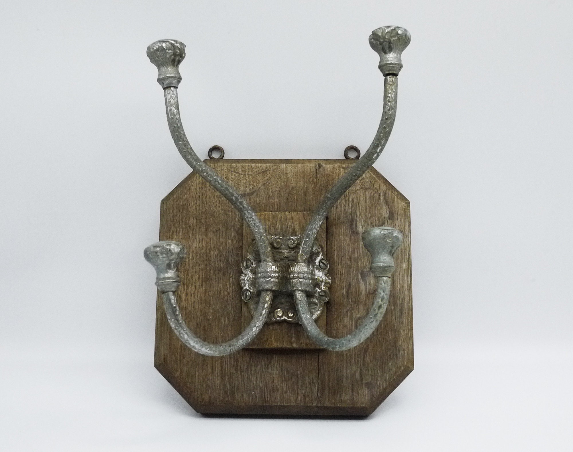 Antique French Coat Hook, Wooden Coat Rack with Silver Iron Ornate Hat