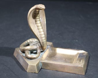 Art Deco Bronze Cobra Snake Ashtray - Rearing Snake Sculpture by Pichegru