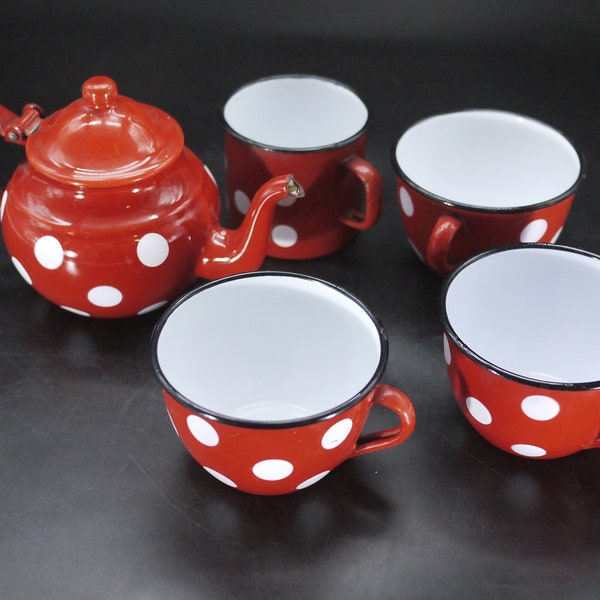 Vintage French Red Polka Dot Enamel Teapot and Cup, S/5