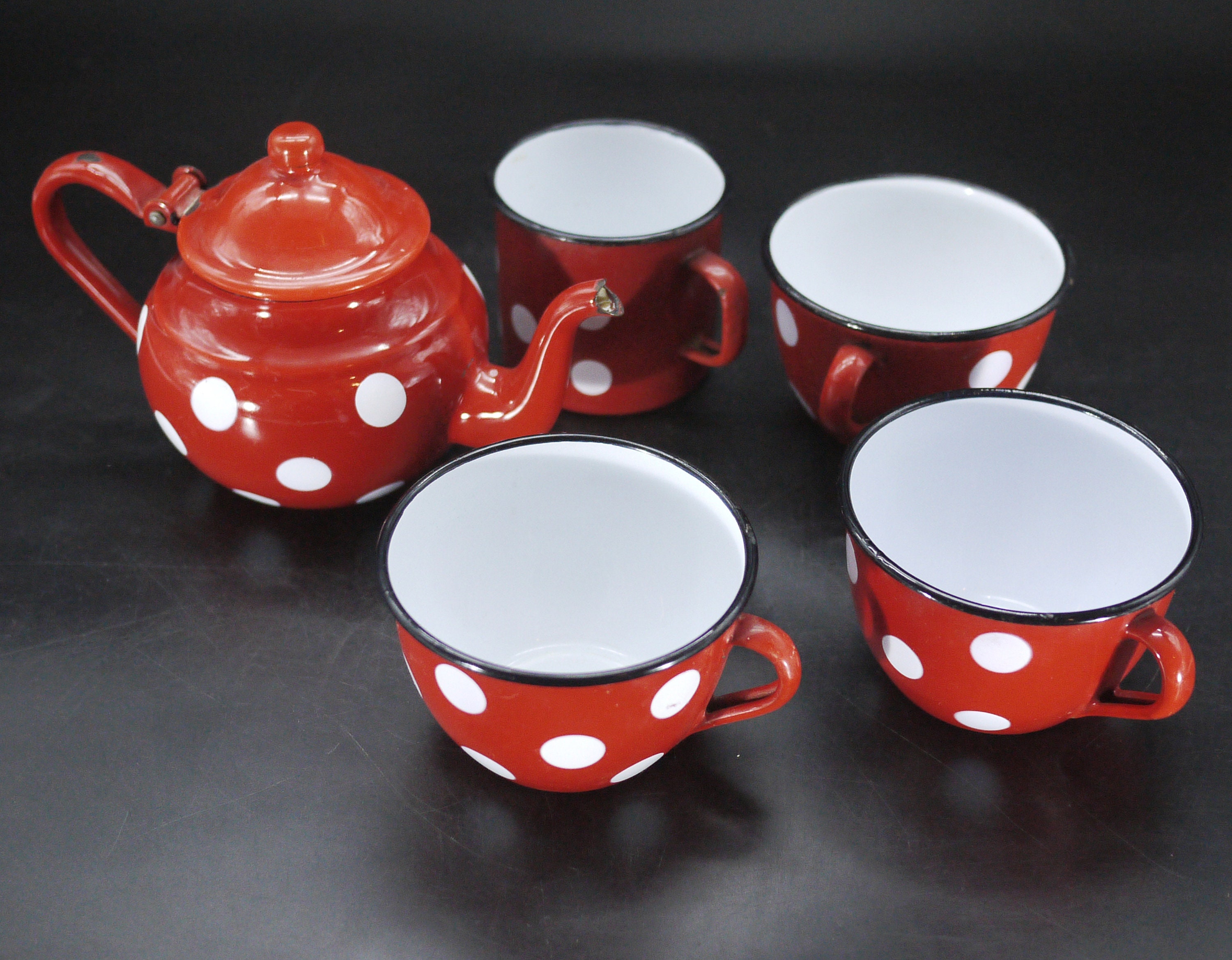 Vintage French Red Polka Dot Enamel Teapot & Cup, S/5