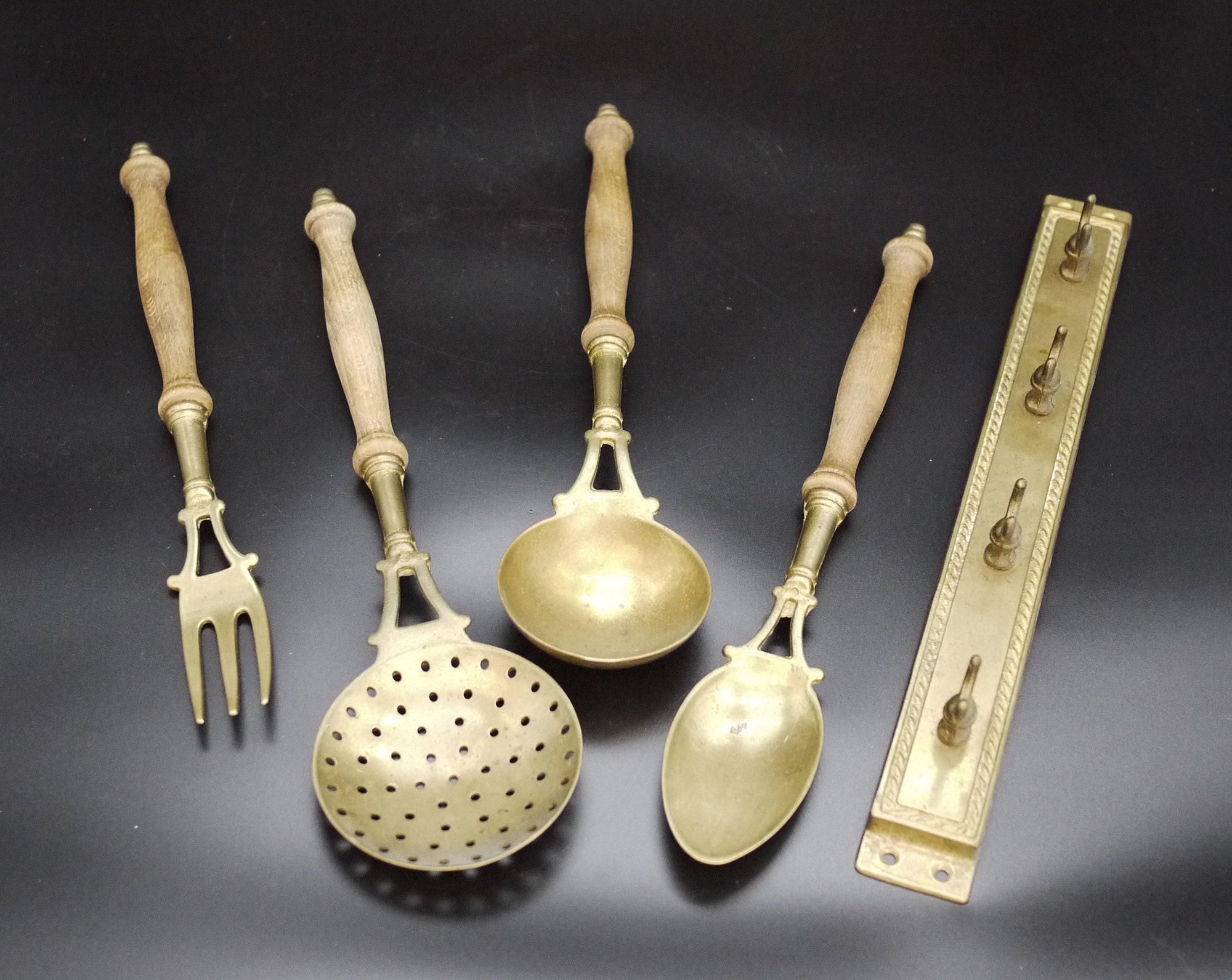 French Brass Kitchen Utensils Set with Brass Kitchen Rail, Rustic